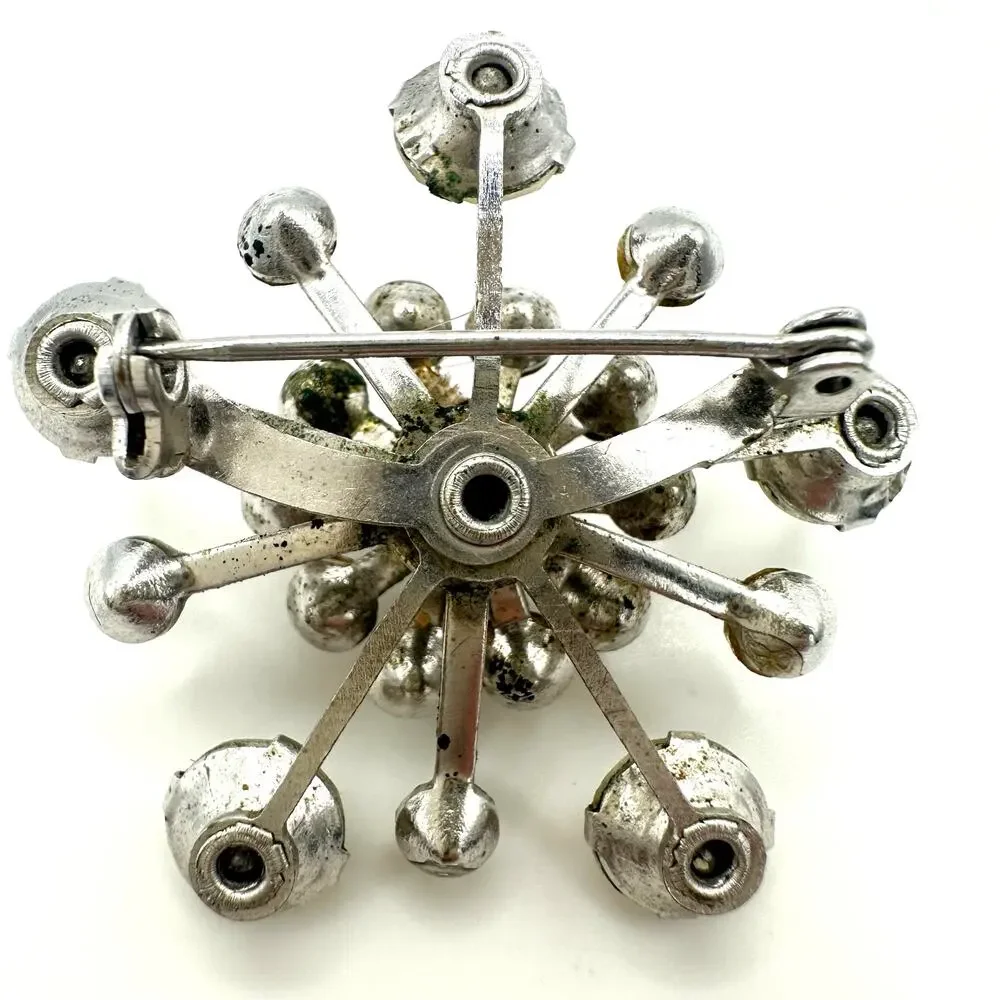 Vintage 1950s silver tone clear glass rhinestones starburst Sputnik brooch